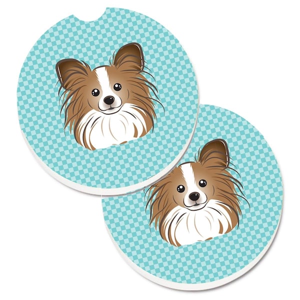 Carolines Treasures Checkerboard Blue Papillon Set of 2 Cup Holder Car Coaster BB1186CARC - main